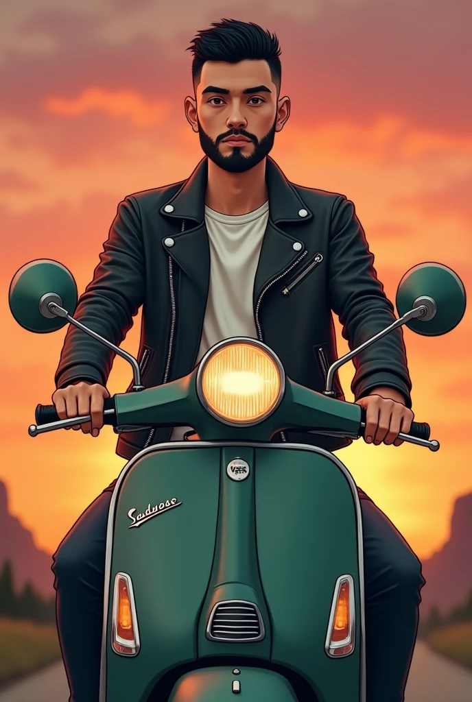 I want a picture of a cartoon-type boy on a classic dark green matte Vespa motorbike, the boy has a full black beard , thin eyebrows, black eyes, short black hair short straight, square face, the photo in a background landscape with a sunset, Biker photo type the guy with a leather jacket and a white t-shirt inside, The black leather jacket half open revealing the t-shirt, black jeans and vans style shoes , the thin boy. He has black rings on both ring fingers of his hands.. With a vintage helmet of the same color as the motorcycle