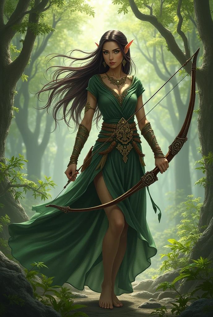 Super powerful elf with green eyes, dark brown hair with accessories and with bow and arrow