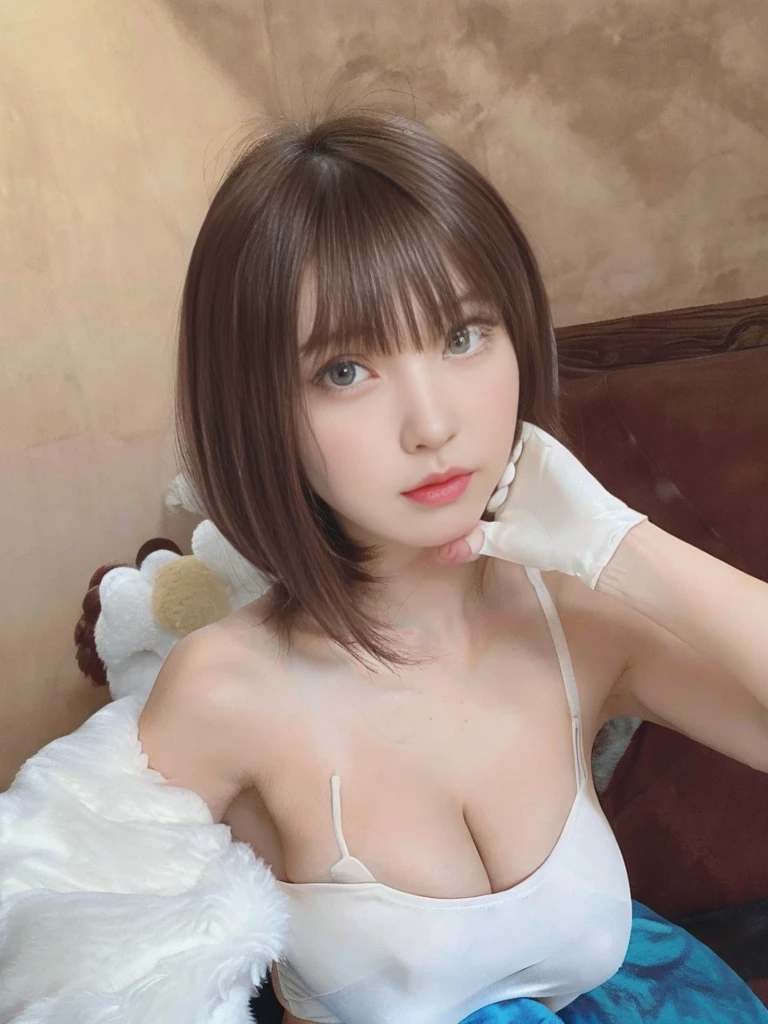 Girl, brown hair, bob haircut, with bangs, hands crossed, slightly serious expression, big eyes, white gloves, blue eyes, by glass heels on her feet