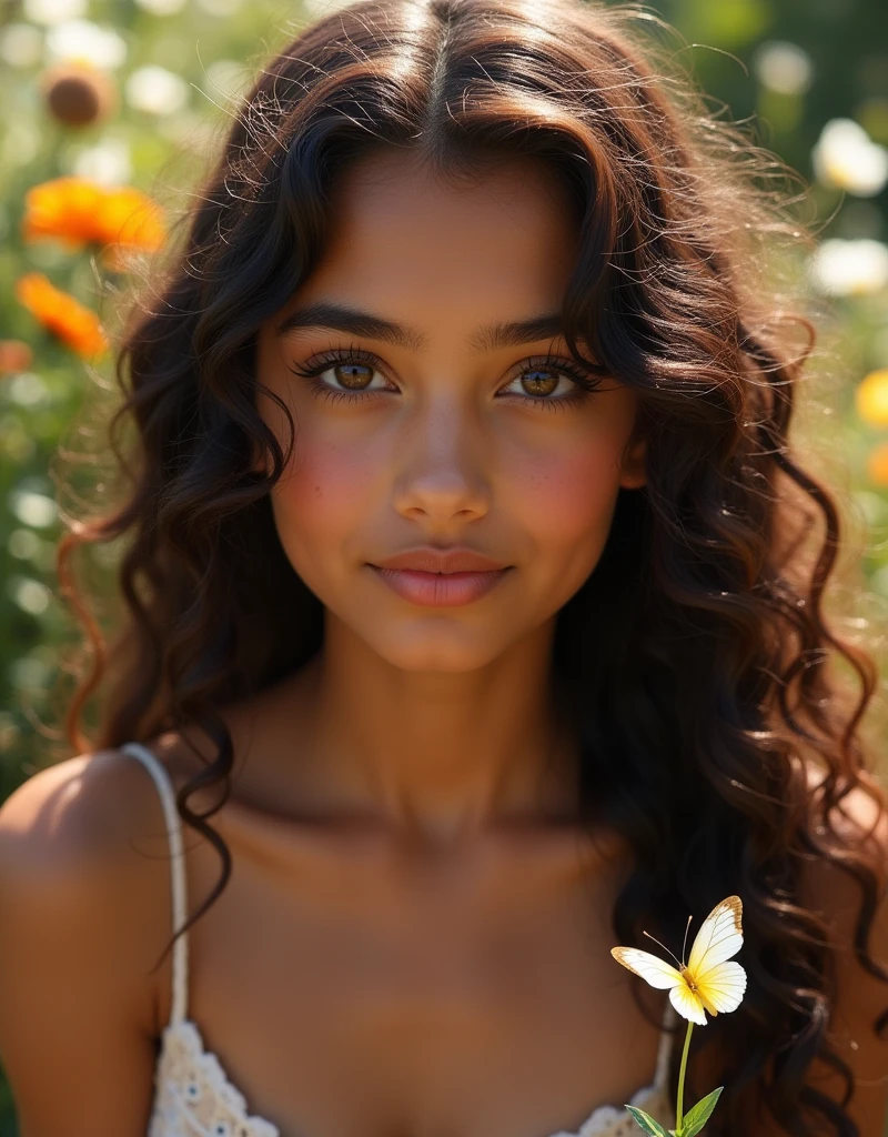 a beautiful totally naked young Indian girl, 1girl, beautiful detailed eyes, beautiful detailed lips, extremely detailed eyes and face, long eyelashes, naturally compassionate expression, naturally kind-hearted, naturally cute face, naturally curvy curvaceous figure, naturally fair rosy skin, naturally deep chestnut brown curly hair, silk-like hair texture, serene outdoor garden setting, flowers, butterflies, natural sunlight, photorealistic, 8k, high resolution, best quality, detailed, realistic, vivid colors, warm color palette, cinematic lighting, dramatic lighting, upper-body portrait