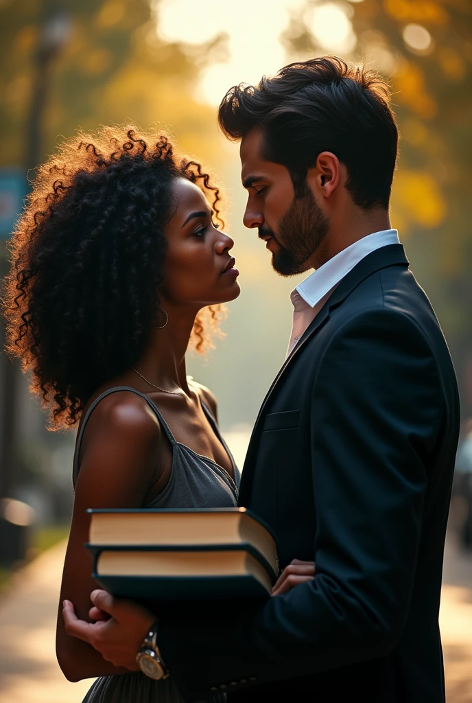 couple. Woman of , black woman with medium curly brown hair, Round face, full cheeks, eyes browns, in American college clothes, dainty, looking at him with an angry look, with books in your hands, and a tall man, stark, with a mischievous look, blue colored eyes, Medium Brown Hair, expert, 2, dark romance