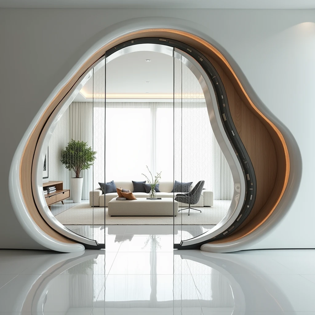 Artistic photographic image of a double-hinged door that divides a modern white minimalisitc living room from a dining room, featuring an Art Nouveau style fused with modern materials and modern styles. The design is heavily influenced by Zaha Hadid's architectural aesthetics. The door should have fluid, organic lines and a dynamic form, with intricate geometric patterns integrated into the design. Use materials like glass, polished steel, and high-gloss wood, reflecting the luxurious and futuristic qualities typical of Hadid's work. The setting should be a contemporary, minimalist interior that complements the door's bold design.