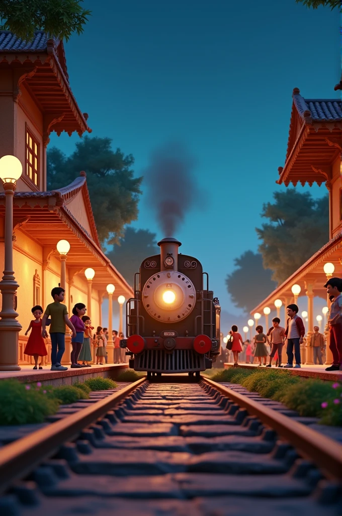 "Create a cinematic 3D Cartoon style "Create a railway station in 3D style, its name is Raghunathpur, there are flowers, trees and plants all around, the train is coming, passengers are waiting for the train and it is night time, there are lights too.