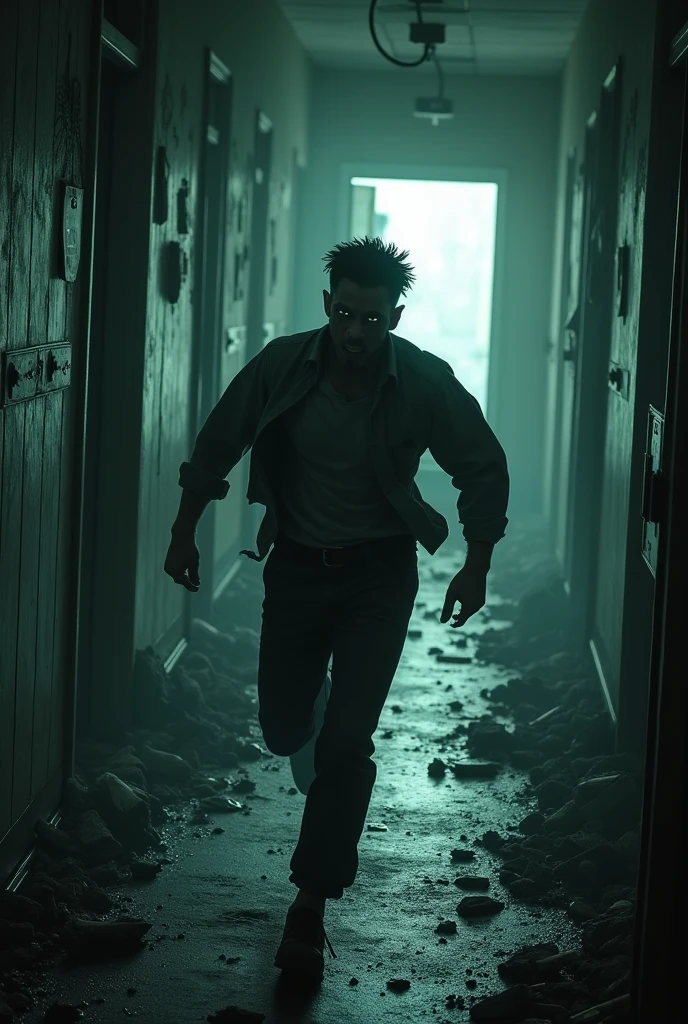 Abandoned hospital, man running towards a door with light