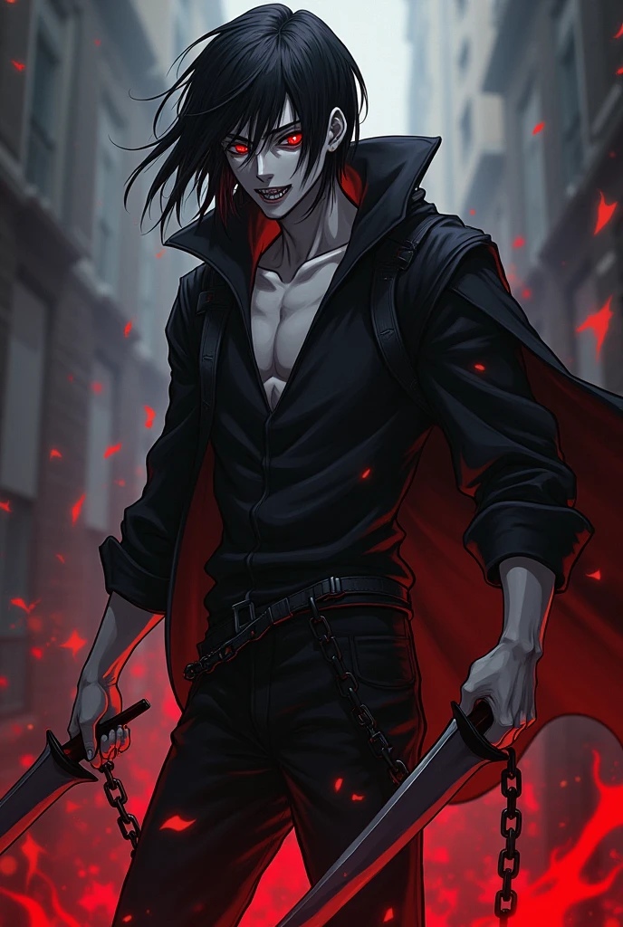 An image of a male anime character with white skin and black hair red eyes sharp claws and teeth signaling that he is a cannibal, He will wear black clothes and will be carrying two sharp hunting knives attached to each other by a chain and with the powers to create weapons made of blood like the Power of Chansaw Man