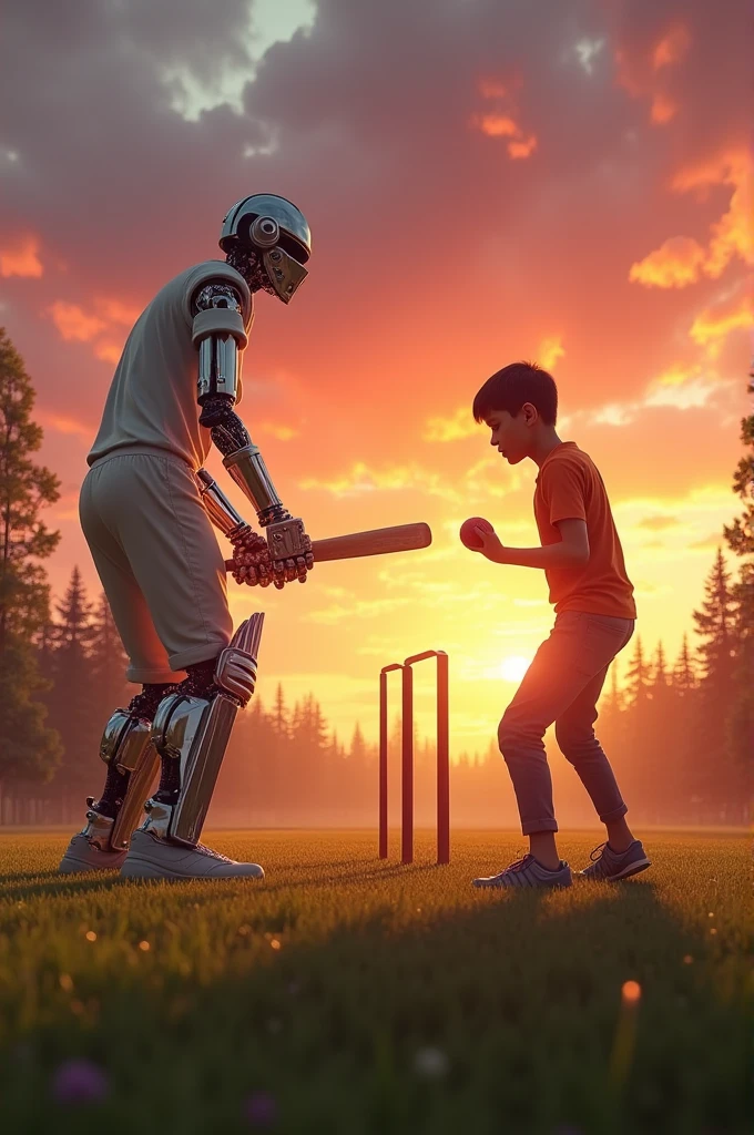 An man with robotic hands and sunset playing cricket and a boy is bowling