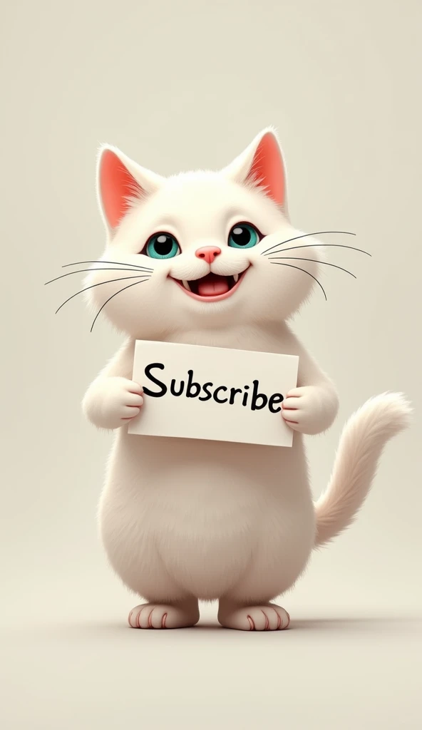 A sturdy white cat in the shape of a human, carrying a piece of paper that says subscribe, with a cheerful facial expression