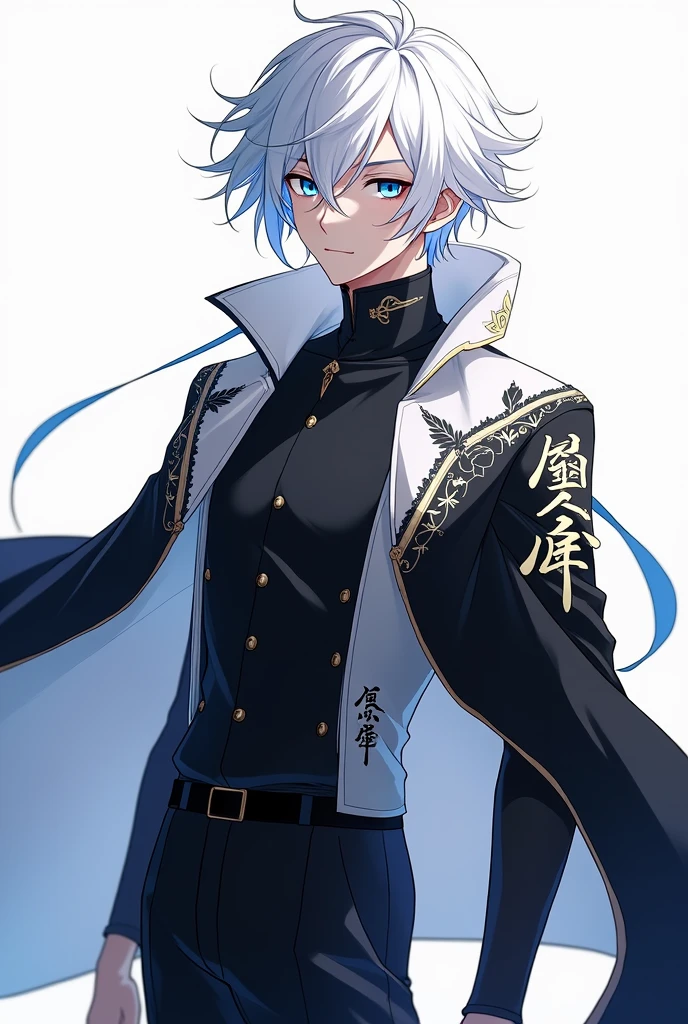 Create an anime male character with white hair, blue eyes and a black and white outfit, with a half white half black cape, with Japanese writings on both sides of the cover
