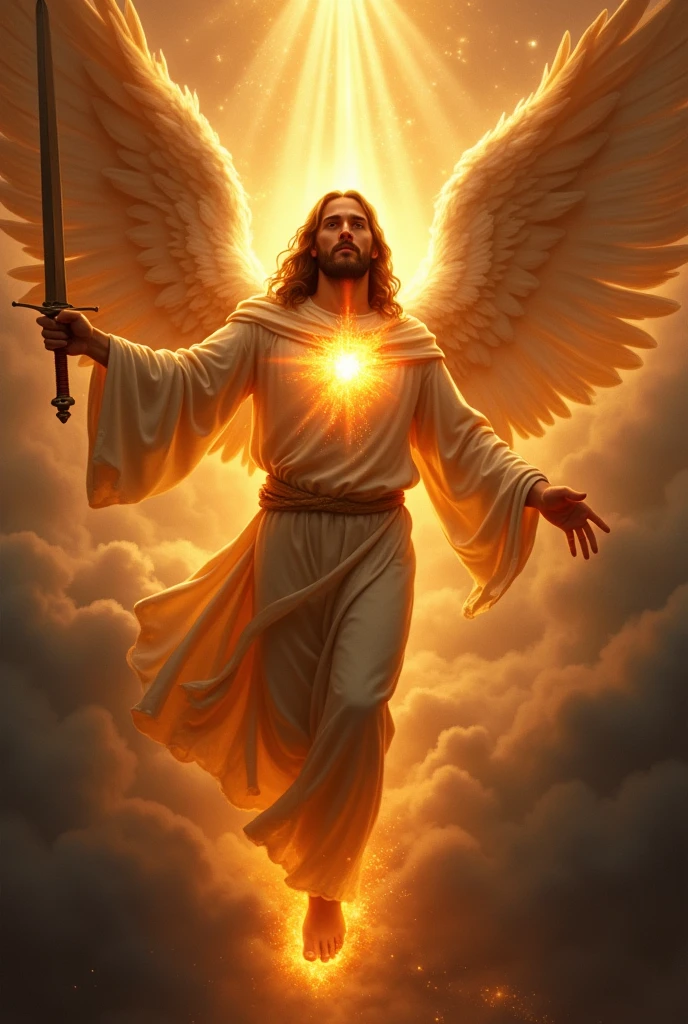 Jesus descending from heaven with his heart inflamed with love holding a flaming sword and pouring light upon darkened minds accompanied by black angels with large wings
