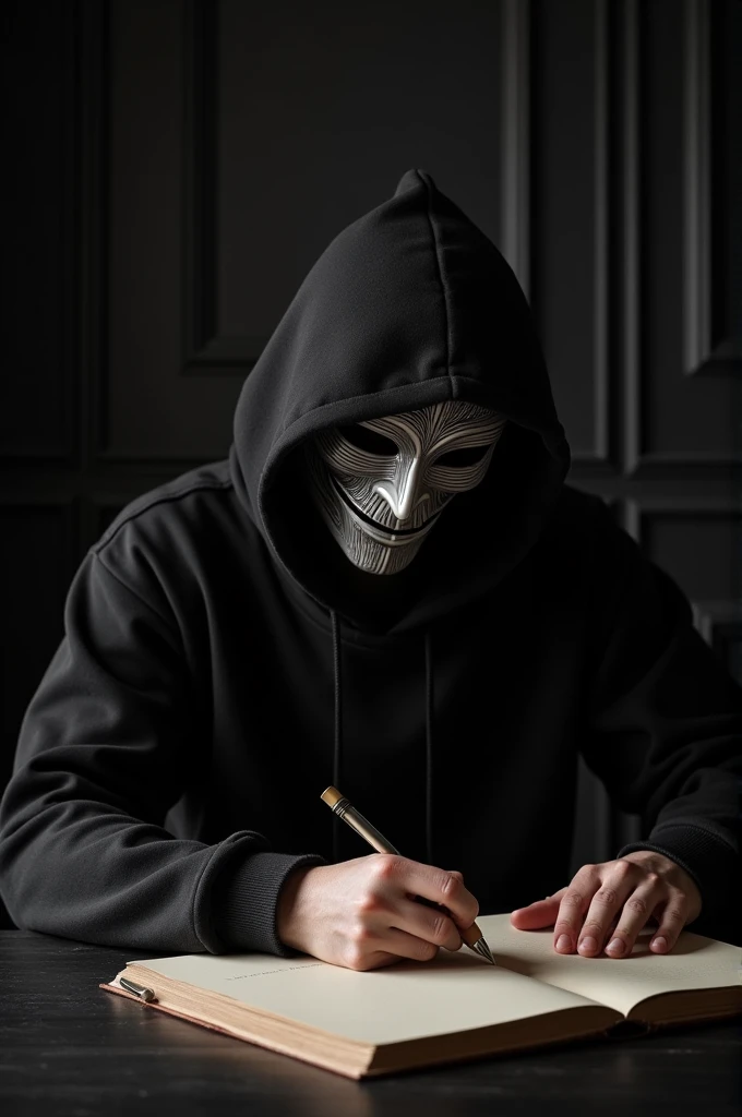 A man with a sad full head mask with black hoodie writing a noble in a black a noble table with modern black room