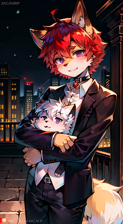 (Masterpiece),(bestquality),white messy hair,black cat beannie,fox ears,fox tail,white shirt,black tie,black stripped jeans,hugged a fox doll y (Artist by zackary911, 8k, high quality, detailed eyes and fur, night, residents background), solo, male fox, anthro, red satured fur, red body, male body, purple eyes, black ears, red hair, short hair, hair cover eye, hands white, choker, eyeliner black, beige jacket, black shirt,