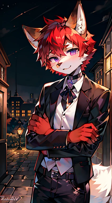 (Masterpiece),(bestquality),white messy hair,black cat beannie,fox ears,fox tail,white shirt,black tie,black stripped jeans,hugged a fox doll y (Artist by zackary911, 8k, high quality, detailed eyes and fur, night, residents background), solo, male fox, anthro, red satured fur, red body, male body, purple eyes, black ears, red hair, short hair, hair cover eye, hands white, choker, eyeliner black, beige jacket, black shirt,