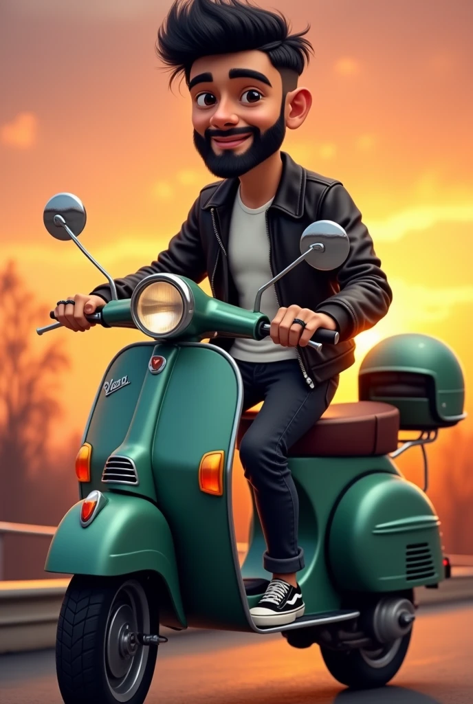 I want a picture of a cartoon-type boy on a classic dark green matte Vespa motorbike, the boy has a full black beard , thin eyebrows, black eyes, short black hair short straight, square face, the photo in a background landscape with a sunset, Biker photo type the guy with a leather jacket and a white t-shirt inside, The black leather jacket half open revealing the t-shirt, black jeans and vans style shoes , the thin boy. He has black rings on both ring fingers of his hands.. With a vintage helmet of the same color as the motorcycle