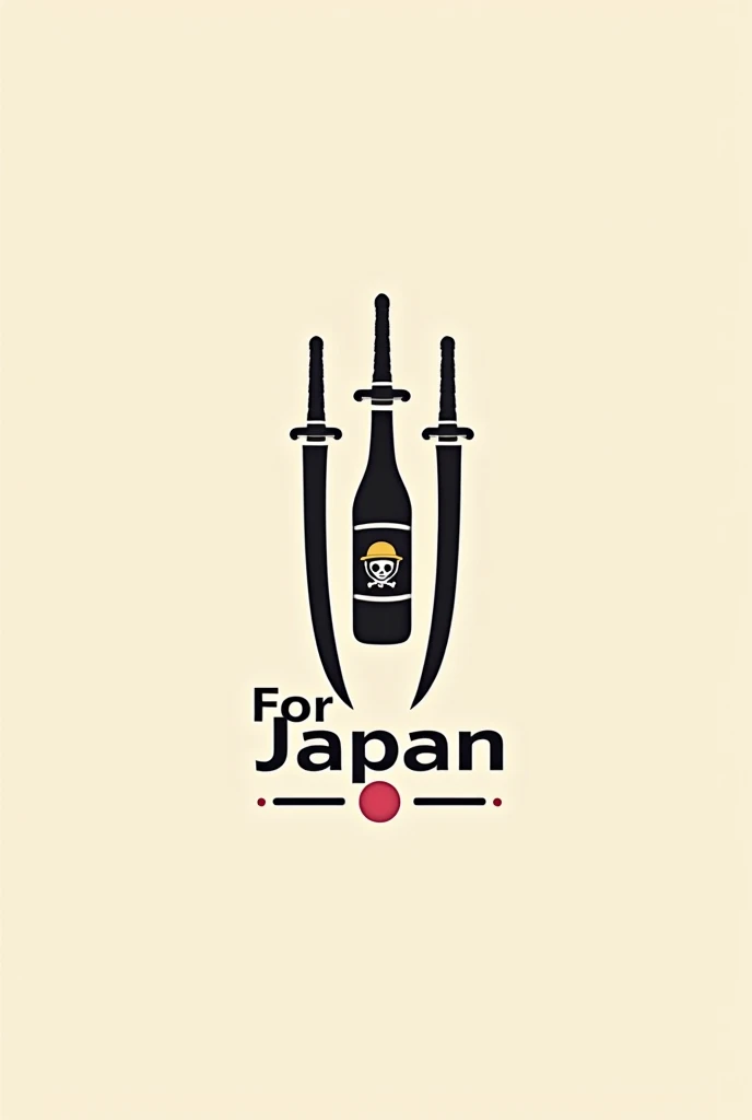 Create a minimalist logo with design references "One piece" for a restaurant with oriental characteristics, fair cake, Italian mass, Indian spices, Brazilian family, store name written "For Japan" and a bottle of beer, three swords of the character "Zoro"