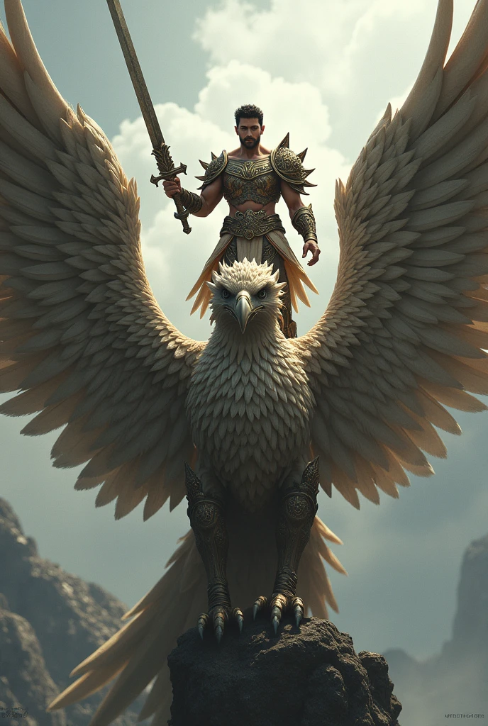 A young man holding a sword standing on a garuda