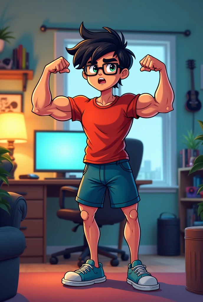 Create a cartoon of a gamer boy where the boy has straight black hair , with glasses with a bodybuilder&#39;s body 
