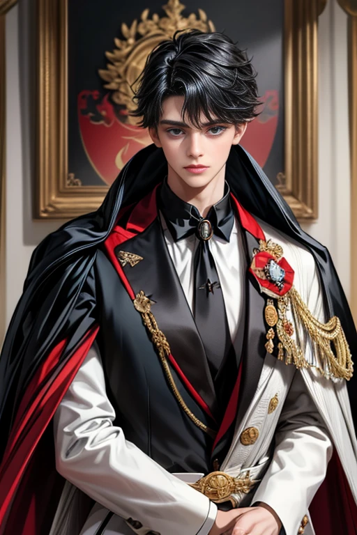 masterpiece, 最high quality, high quality, 1 boy, alone, Male focus, Upper Body,Watching the audience, Messy black hair, Adorable big blue eyes, White, Noble, Noble,A black and red cape that is bursting with sexy volume、Tuxedo、A very voluminous, large, very large, very large, long, long red and black cape with a high stand-up collar, made of a lot of fabric that reaches down to the floor., ,cute beautiful,Cute, cute, kind, handsome guy