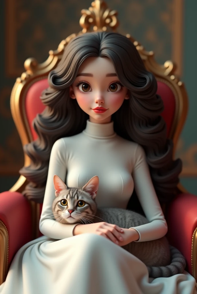 Pretty girl with long curly hair wearing white turtle neck formal dress and red lipstick sitting in the royal chair while cat sitting in her legs. 3D semi animated portrait