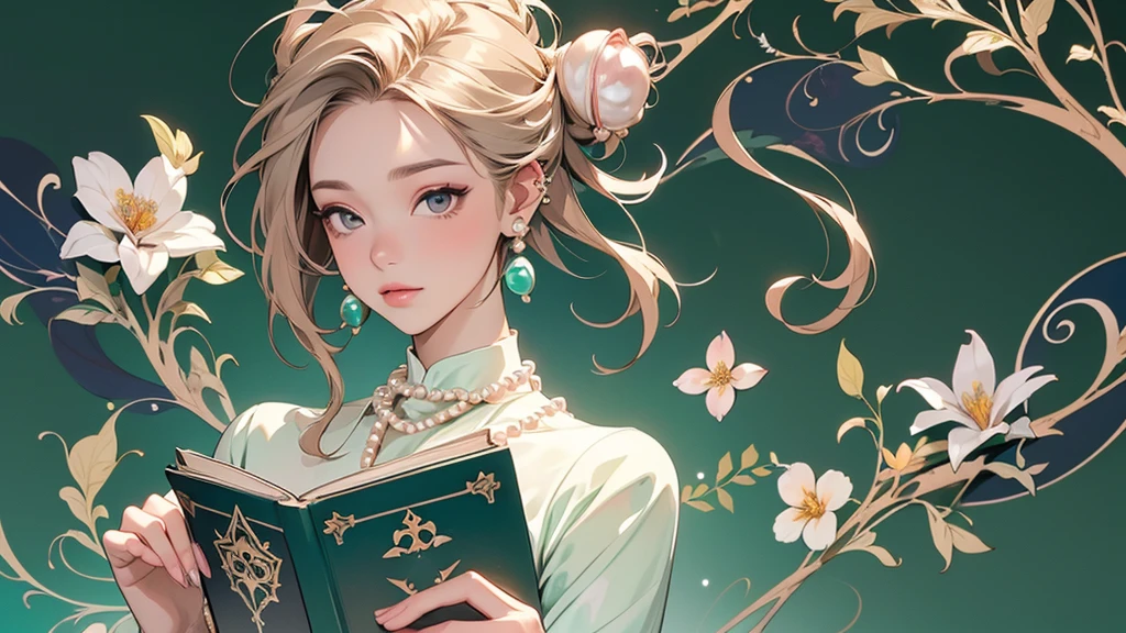 32K, 最高quality, 最高masterpiece, (ultra-Detailed Background, Detailed Background), High resolution, Super detailed, Very detailedな, 1 personの, (bouquet:1.3), (Tangled:1.2), (Geometric:1.2),(colorful),(masterpiece, quality, best quality, Official Art, Beautiful and beautiful:1.2), (1 person:1.3), Very detailed,(colorful:1.1)(Flowers:1.3),Most detailed,(Tangled:1.2), whole body, (Abstract background:1.3), (Skin glows), (Many colors:1.4), ,(Earrings Pearl:1.5), Light green background, It's imaginative., Brunette Hair, Updo, Holding a book, Holding a pen, Satin shirt