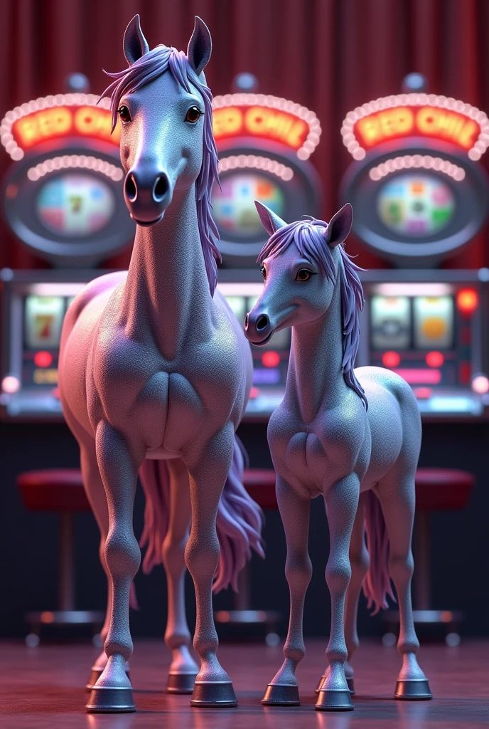 3D animation of a mare and her silver and purple foal with the name on top " Red Chili Perdomo" with silver letters and diamonds.
Silver slot machines in the background.