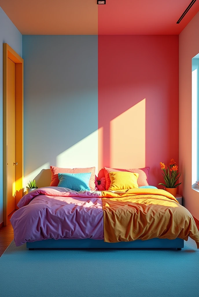 A colorful lightened room with half bed and the other half of the grey and empty with the other half of the bed in greyish colour