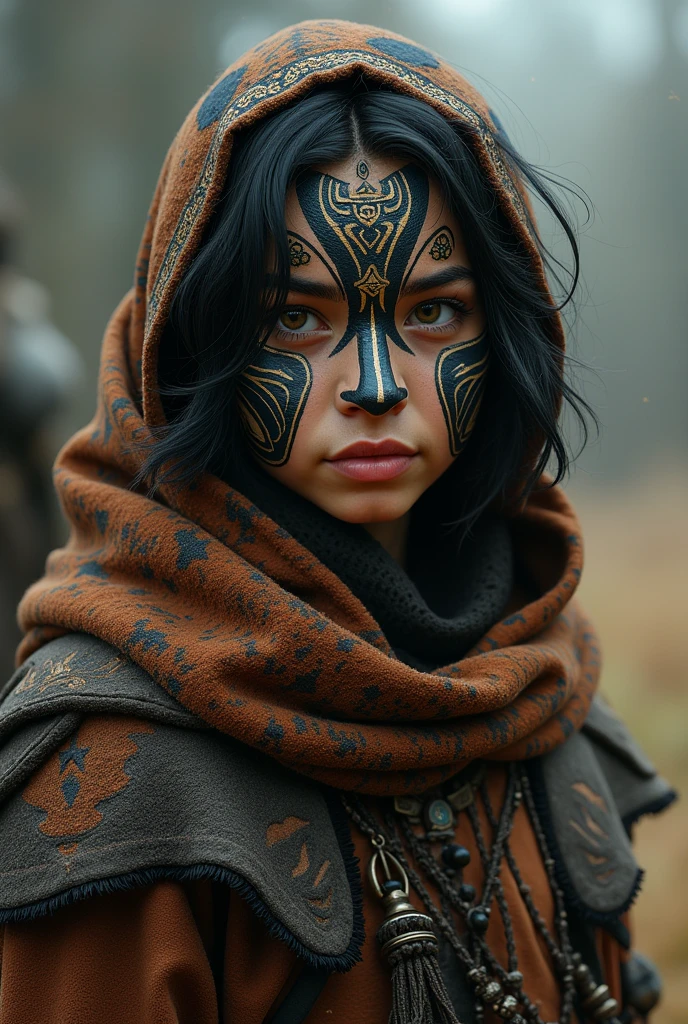 An 1 teenager, medium black hair, eyes browns, medieval wanderer's clothing, an african mask, with Nordic face paint