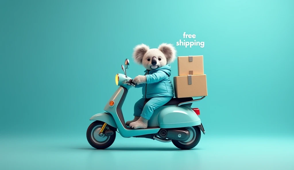 In the middle of the scene, place a delivery motorbike with a koala on top wearing a blue uniform and write “Free Shipping” on top.. In the background of the image use the color turquoise blue