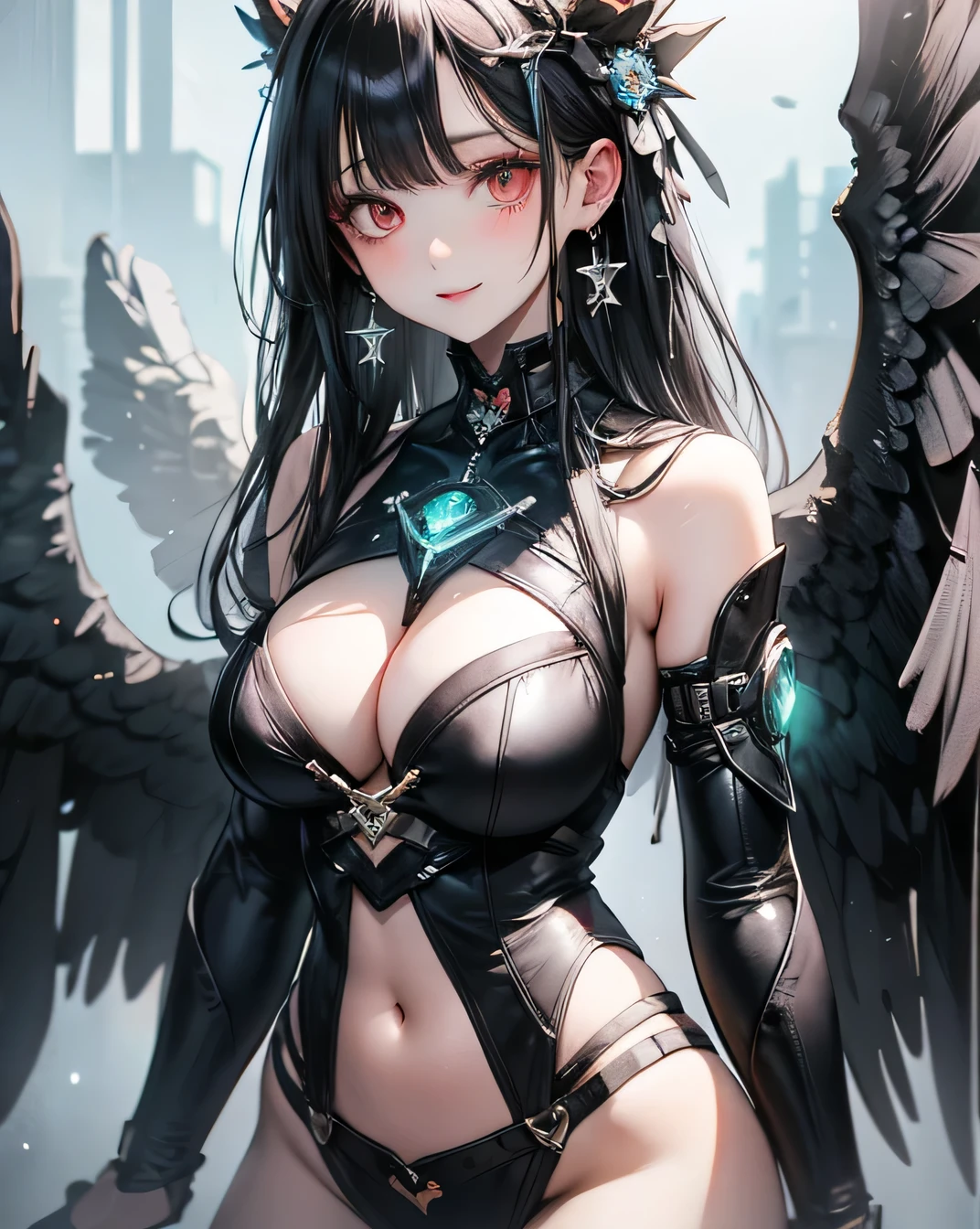 masterpiece, (Highest quality), Very detailed, Very detailed, One beautiful woman, (wing, Glowing Eyes, green:1.2), (Cyberpunk City:1.5, arms, Energy Blade), (Fantasy Landscape:1.2, Natural light:1.5, Confident expression), (Panorama:1.2), smile, Angels, wing,