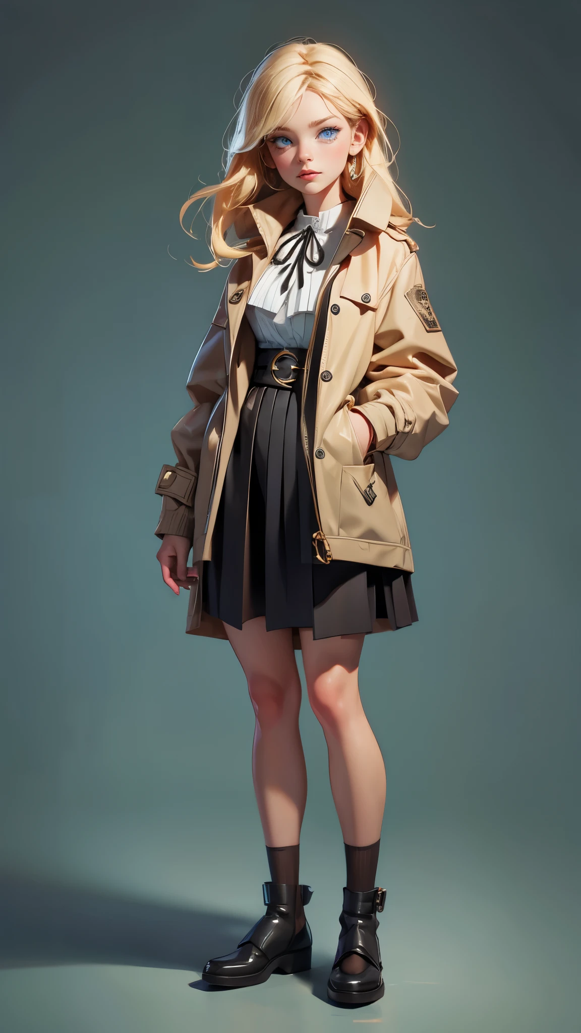 8k, highres, envision a realistic intricate full body character design that is high quality and detailed of a small, short adult beautiful English girl named Amelia Watson with small hands, medium long blonde hair, and bright blue eyes wearing a beige detective coat, dark pleated skirt, tight black thigh high socks, leg garters, and pocket watch necklace against a dark gray background