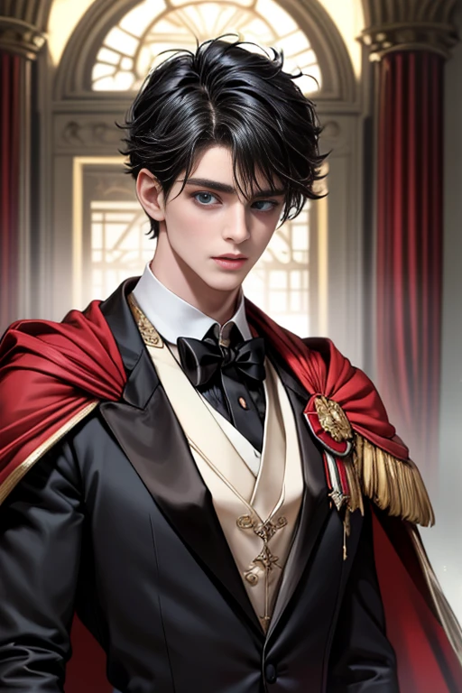 masterpiece, 最high quality, high quality, 1 boy, alone, Male focus, Upper Body,Watching the audience, Messy black hair, Adorable big blue eyes, White, Noble, Noble,A black and red cape that is bursting with sexy volume、Tuxedo、A very voluminous, large, very large, very large, long, long red and black cape with a high stand-up collar, made of a lot of fabric that reaches down to the floor., ,cute beautiful,Cute, cute, kind, handsome guy
