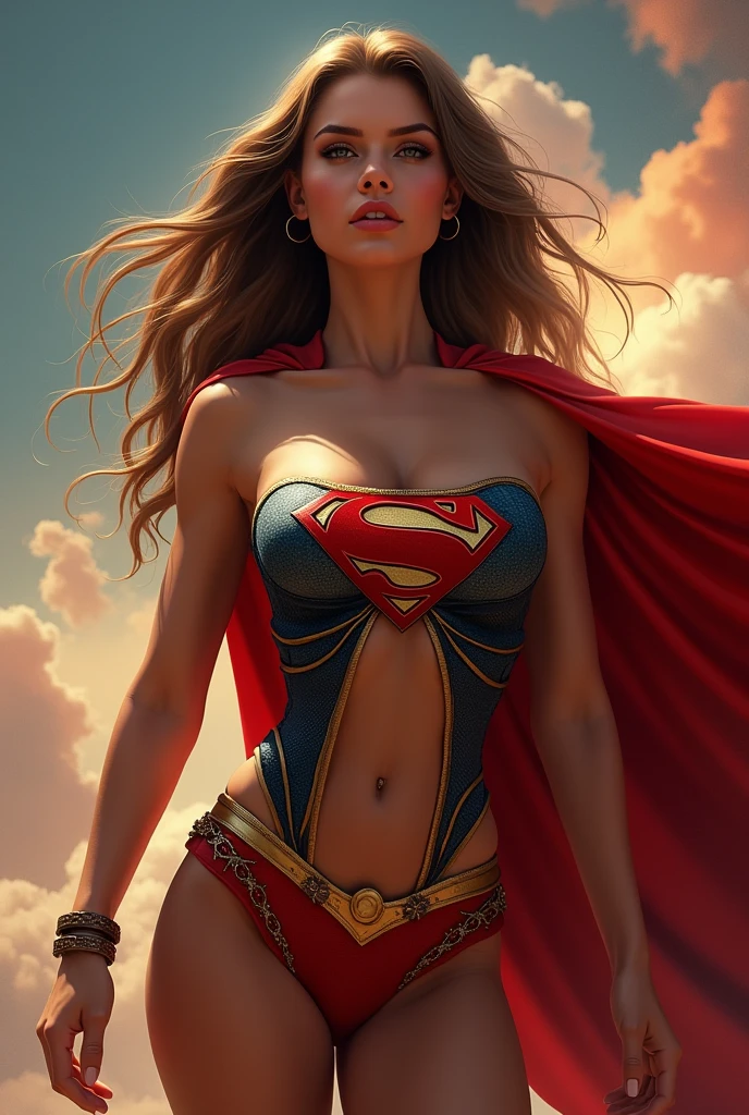 A MUSCULAR SUPERGIRL, hot and sexy, COMPLETE WITH AN EROTIC SUPERMAN CORSET AND CAPE COSTUME. TAN SUPERCHICA SEXY