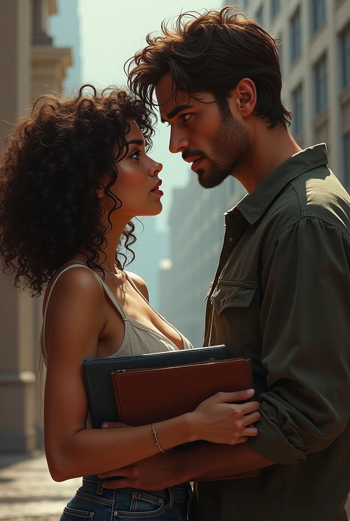 couple. Woman of , medium curly brown hair indigenous, Round face, full cheeks, eyes browns, in American college clothes, dainty, looking at him with an angry look, with books in your hands, and a tall man, stark, with a mischievous look, blue colored eyes, Medium Brown Hair, expert, 2, dark romance