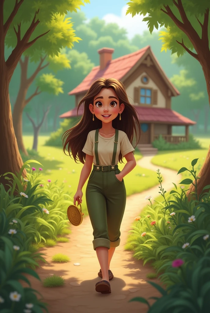 زارا نے سکے کو اپنے جیب میں رکھا اور خوشی خوشی گھر واپس آگئی۔"
- **Image Prompt**: Zara, now holding the golden coin, places it in her pocket and starts walking home with a happy smile. The forest path leads towards a cozy house in the distance.