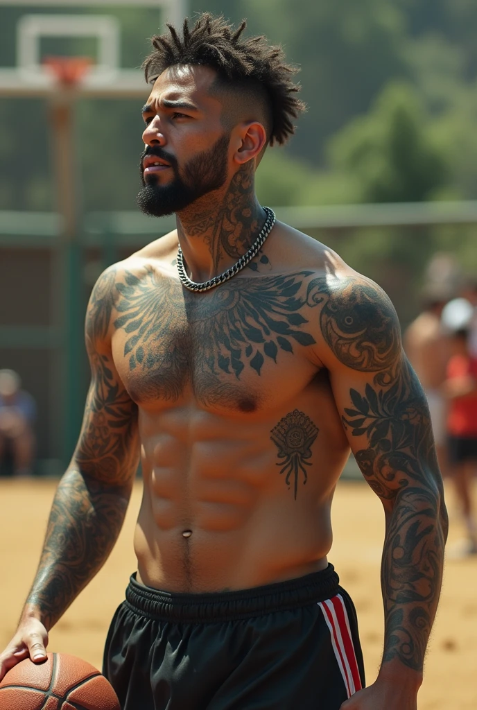 man with tattoo on neck and arm playing ball, and your father in heaven is proud