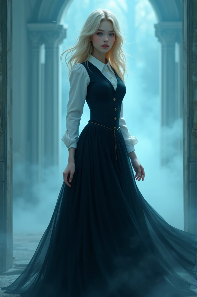 Beautiful  blonde girl with blue eyes and long black skirt with folds and white shirt and black vest standing in a blue room 