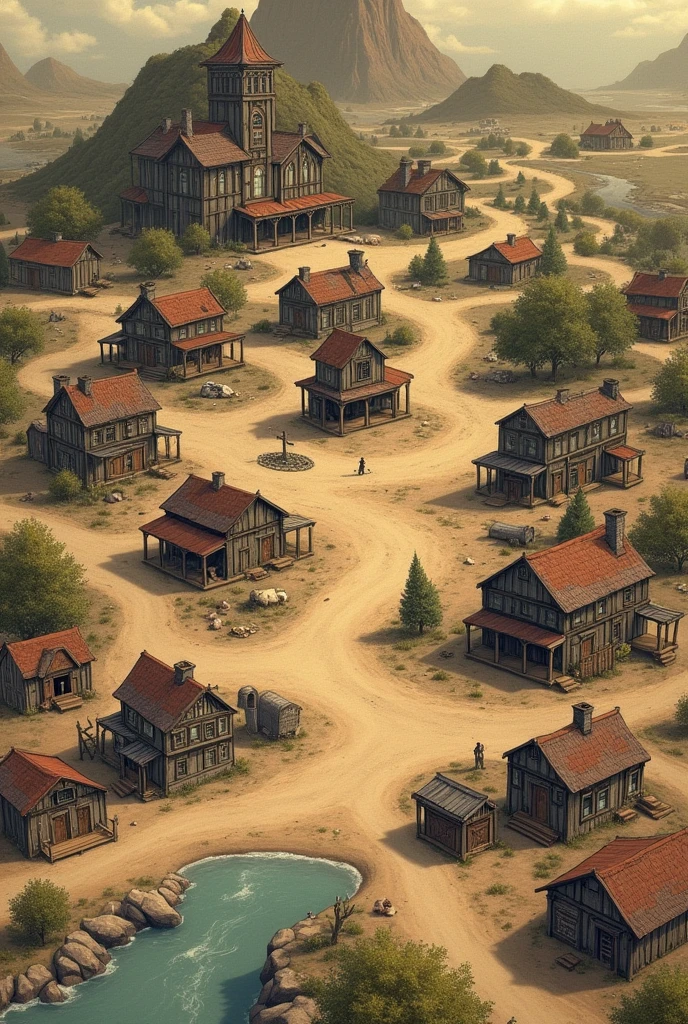 Prompt:

A detailed hand-drawn style map of the town of Craw Valley. Craw vally is a Huge towm with a lot of houses and buildings The town should include the following key locations:

1. **Town Church**: Located in the center of the town, an old building under construction.
2. **Sinner Man's Mansion**: Positioned on top of a mountain, overlooking the town, large and imposing.
3. **Tavern**: Near the center, a place where townsfolk gather, owned by Maria's father.
4. **Farms**: Scattered around the outskirts of the town, representing the hard work of the inhabitants.
5. **Houses**: Humble and worn, spread throughout the town.
6. **Town Bank**: A small but important building near the center.
7. **Medical Office**: Centrally located, modest and essential for the town's health.
8. **Bars**: Several bars scattered around the town, places for socializing.
9. **Market**: In a central plaza, where vendors sell their goods.
10. **Sheriff's Office**: A small building near the center, symbolizing law and order.
11. **Dusty Streets**: Reflecting the desolation and abandonment of the town.
12. **River and Old Bridge**: Important for the story, located on the outskirts.
13. **Central Plaza**: A gathering place for the community, where activities take place.

The overall atmosphere should be somber and tense, with buildings showing signs of age and poverty. The town should feel large and sprawling, with a sense of struggle and resilience among its inhabitants.

