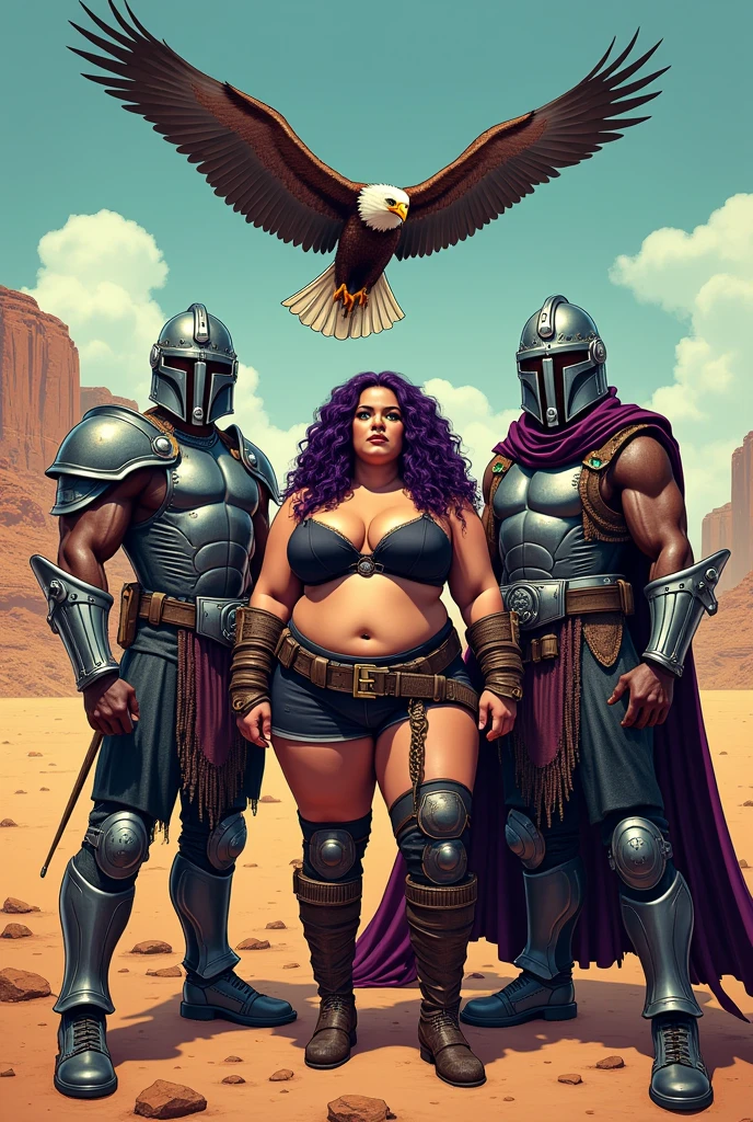 Create written poster: THE ALLIANCE OF METAL The comic book style background image with 2 dark-skinned warrior men in armor with rock n roll mets and a curvy, chubby, overweight woman warrior with long purple hair and green eyes, with desert background with eagle flying 
