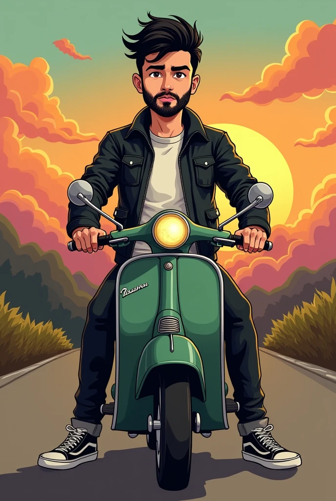 Image of a cartoon-type boy on a classic dark green matte Vespa motorbike, the boy has a full black beard , thin eyebrows, black eyes, short black hair short straight, square face, the photo in a background landscape with a sunset, Biker photo type the guy with a leather jacket and a white t-shirt inside, The black leather jacket half open revealing the t-shirt, black jeans and vans style shoes , the thin boy. He has black rings on both ring fingers of his hands.. With a vintage helmet of the same color as the motorcycle