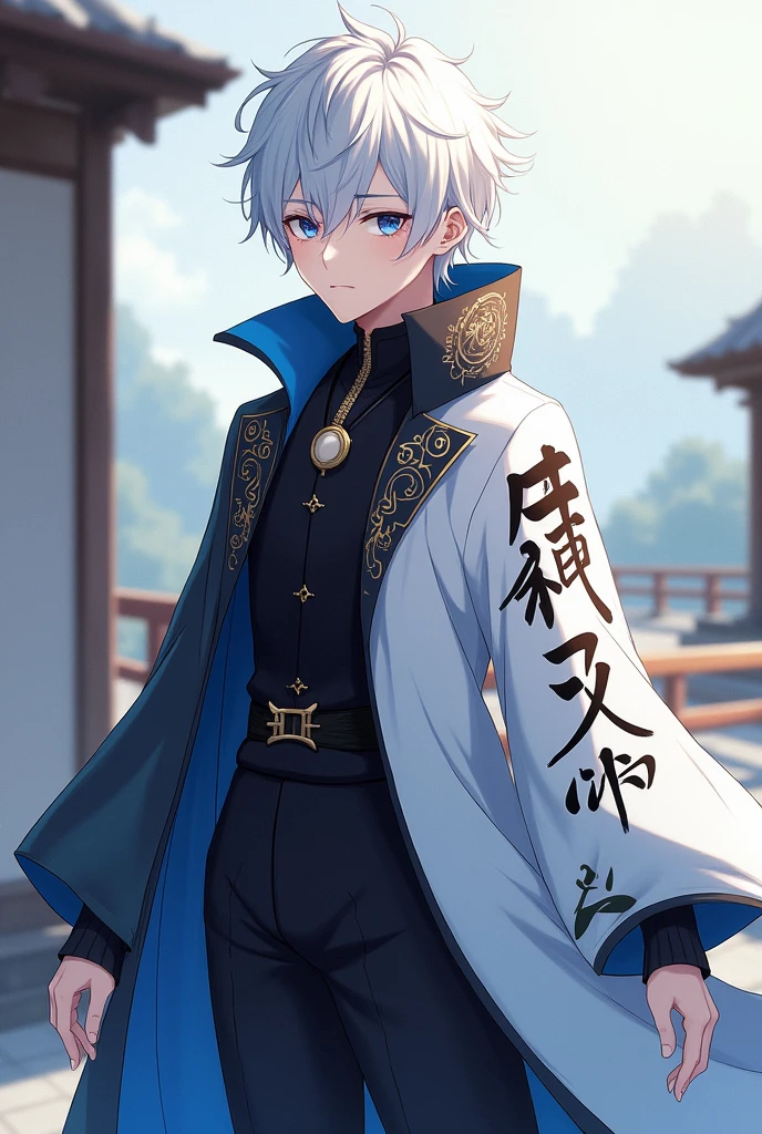 Create an anime male character with white hair, blue eyes and a black and white outfit, with a half white half black cape, with Japanese writings on both sides of the cover, but not with such formal clothing