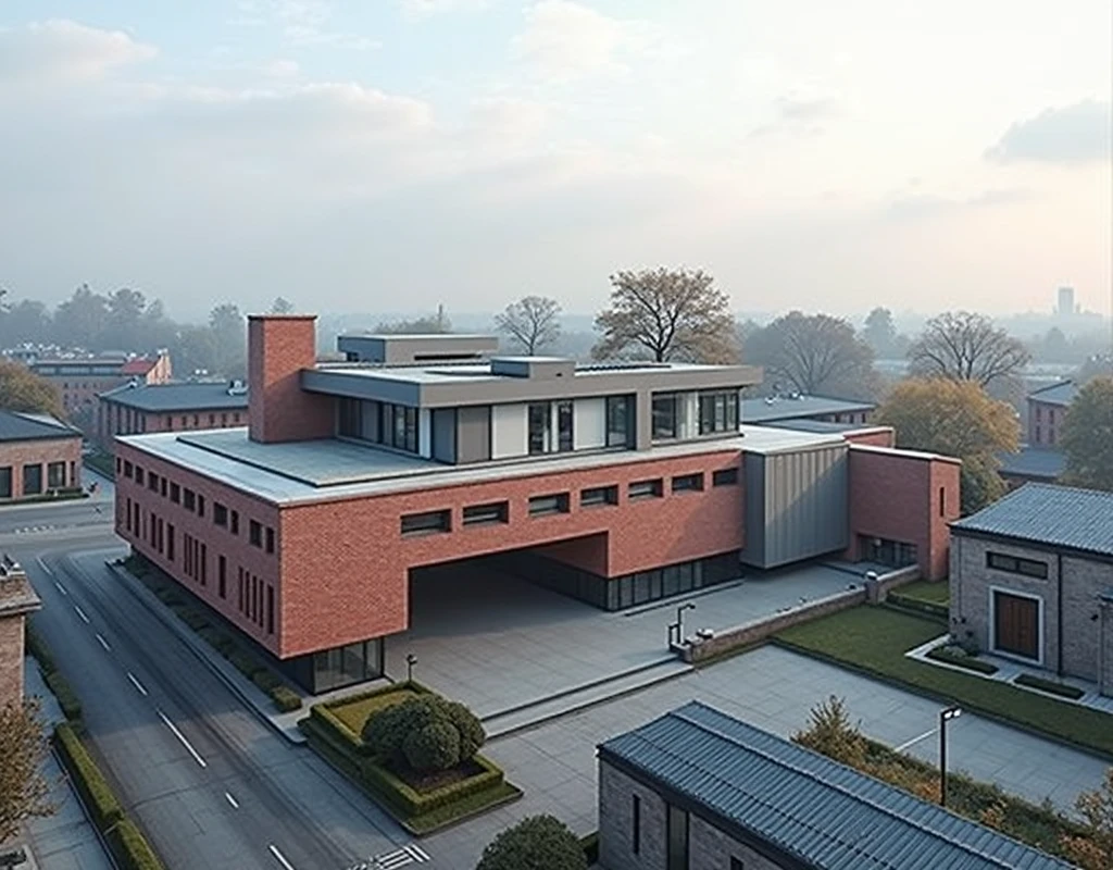 Futuristic design of museum, brick color, in a small town, cloudy weather, super realistic photo, high resolution