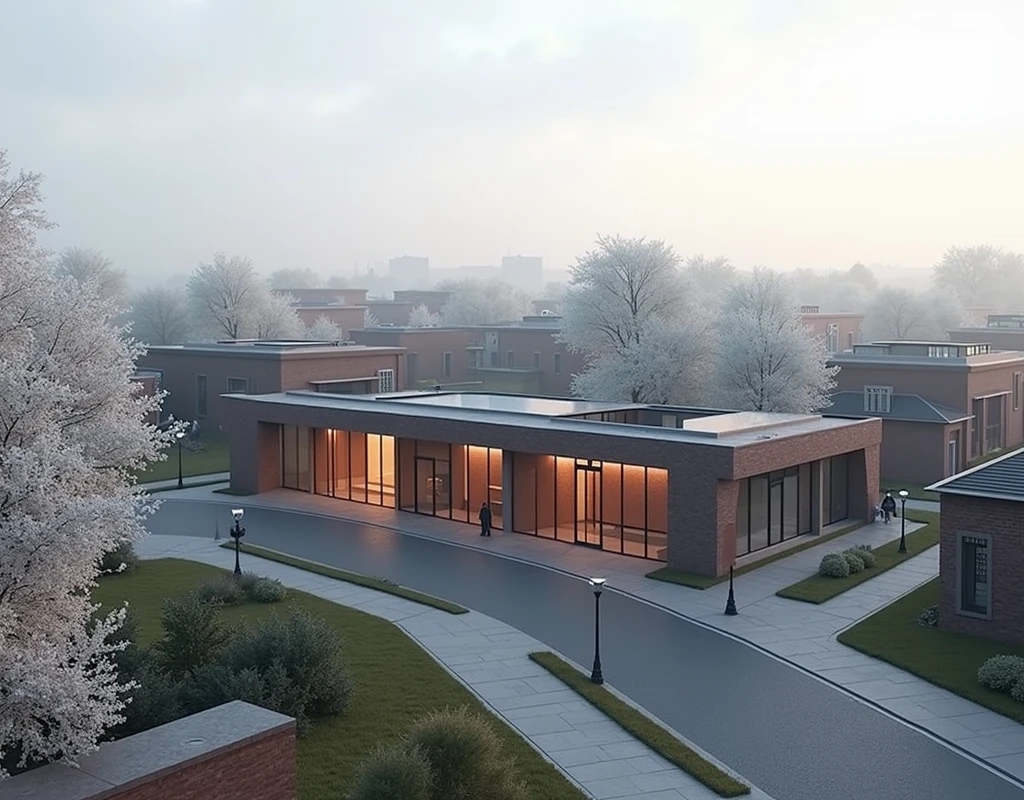 Futuristic design of museum, brick color, in a small town, cloudy weather, super realistic photo, high resolution