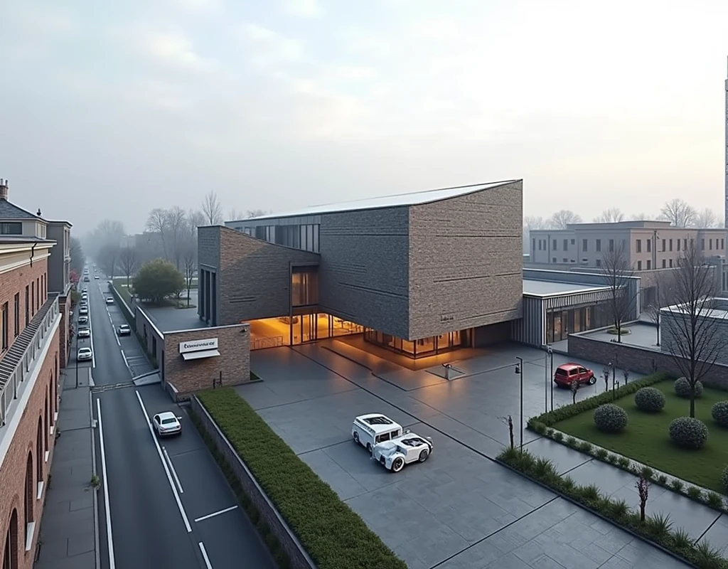 Futuristic design of museum, brick color, in a small town, cloudy weather, super realistic photo, high resolution