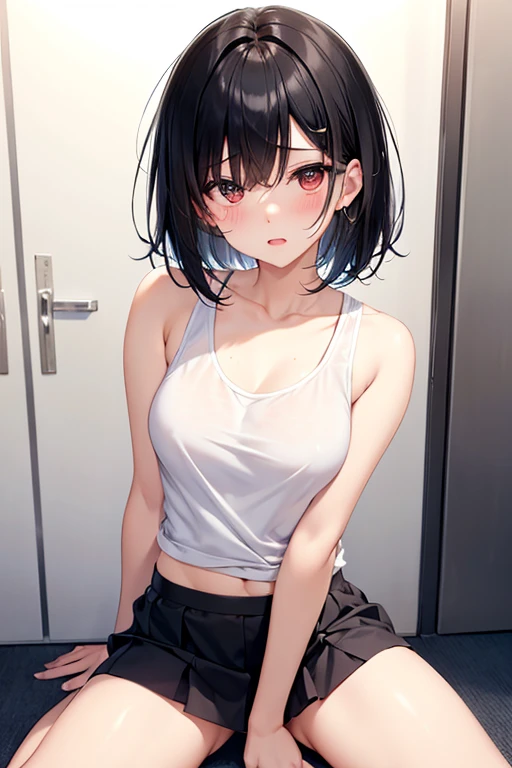 Mature、Black hair straight、short hair、Remove eye highlights、Blushing、Open your mouth、Spread your legs、Miniskirt、Tank top