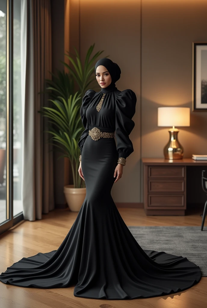 Hijabi women wear glamour long train evening mermaid dress with peplum bolero with puff sleeves, dress have a very long train about 7 meter long, model height is 165 cm, wear jewellery, sexy pose in office room