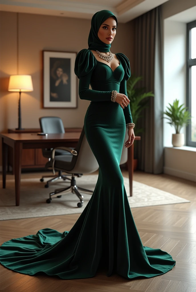 Hijabi women wear two-piece satin dress set, mermaid trumpet skirt with long train, wear peplum bolero with puff sleeves, skirt have a very long train about 7 meter long, wear jewellery, sexy pose in office room