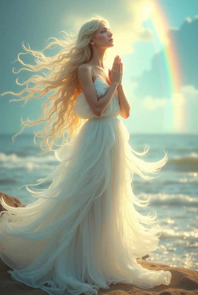 Generate images of the Goddess, cute, Blonde Long Hair、Wavy Hair、White Gorgeous Dress、whole body、Ocean、rainbow、prayer