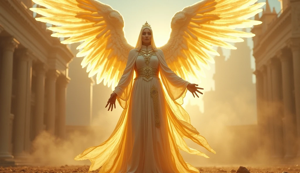 Vatican City as a catholic League of Legend luminous archangel creature in light yellow and white colors. Intricated clothing. Cinematic Fantasy sci-fi landscape background