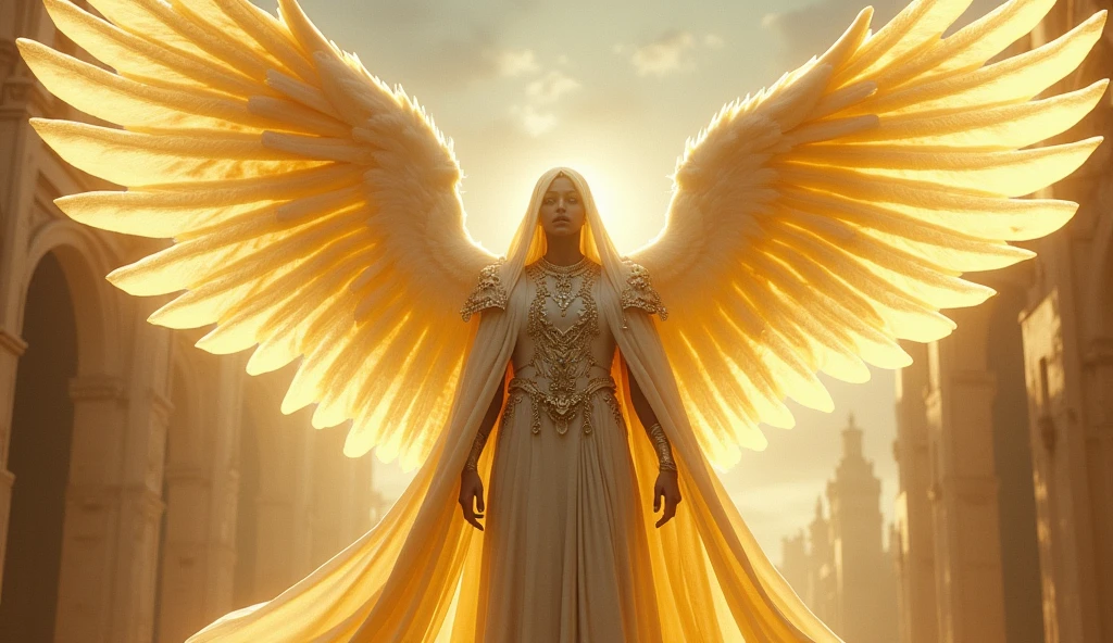 Vatican City as a catholic League of Legend luminous archangel creature in light yellow and white colors. Intricated clothing. Cinematic Fantasy sci-fi landscape background