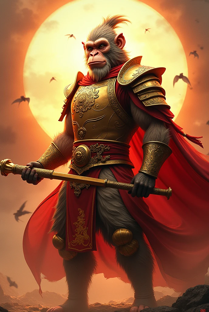 Sun wukong, a hairy humanoid monkey in golden chinese armor, wielding a long metal bo stick with gold on two edges, red flowing cape