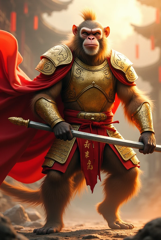 Sun wukong, a hairy humanoid monkey in golden chinese armor, wielding a long metal bo stick with gold on two edges, red flowing cape